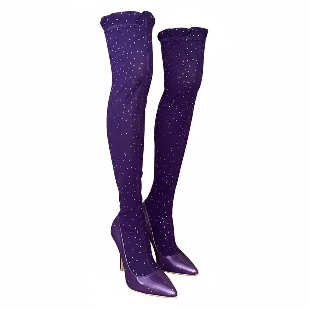 Women's Rhinestone Embellished Over-the-Knee Boots, Purple, Size 5.5, High Heel